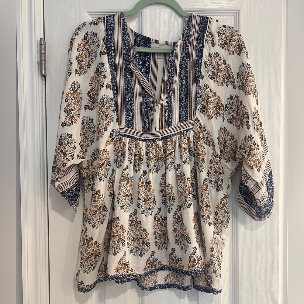 Lucky Brand Cream Tunic with Navy and Mustard Floral Print